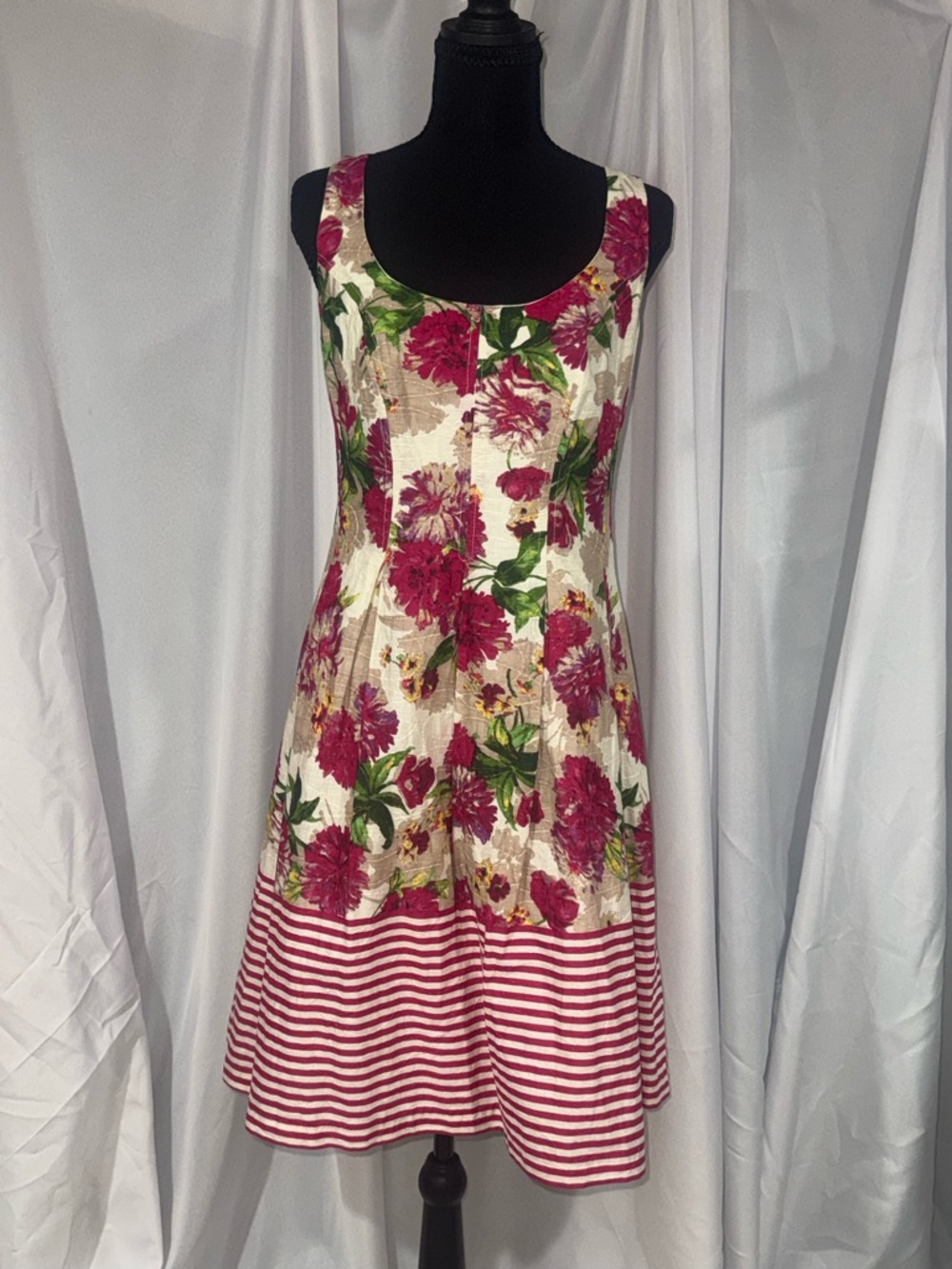 Nine West Cream Dress with Pink Floral Print and Green Leaves